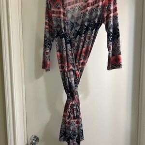 Banana Republic Blue and Red Long Sleeve Wrap Tie Front Sheath Dress